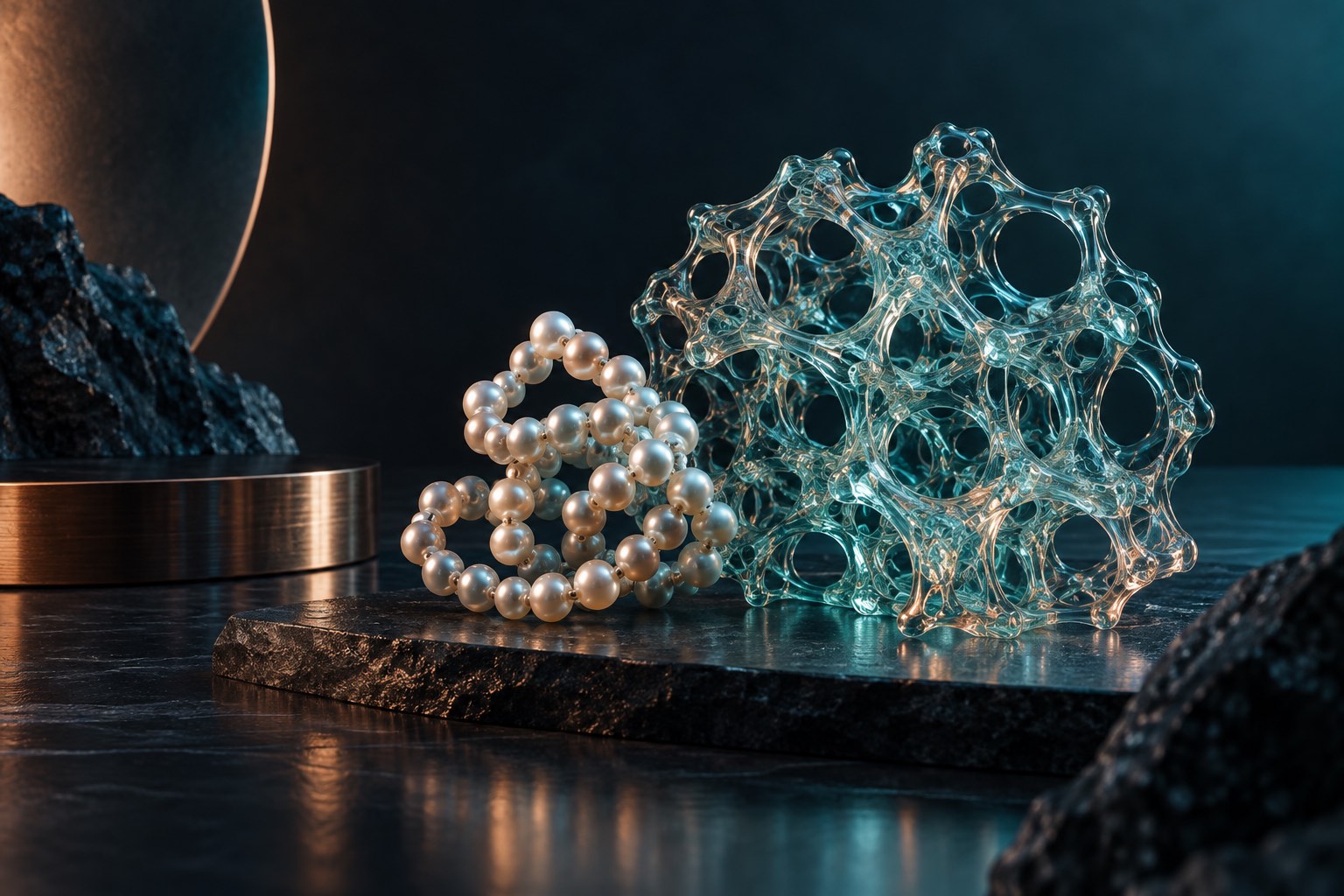 Folded peptide chain and glass tissue lattice representing BPC-157 laboratory research