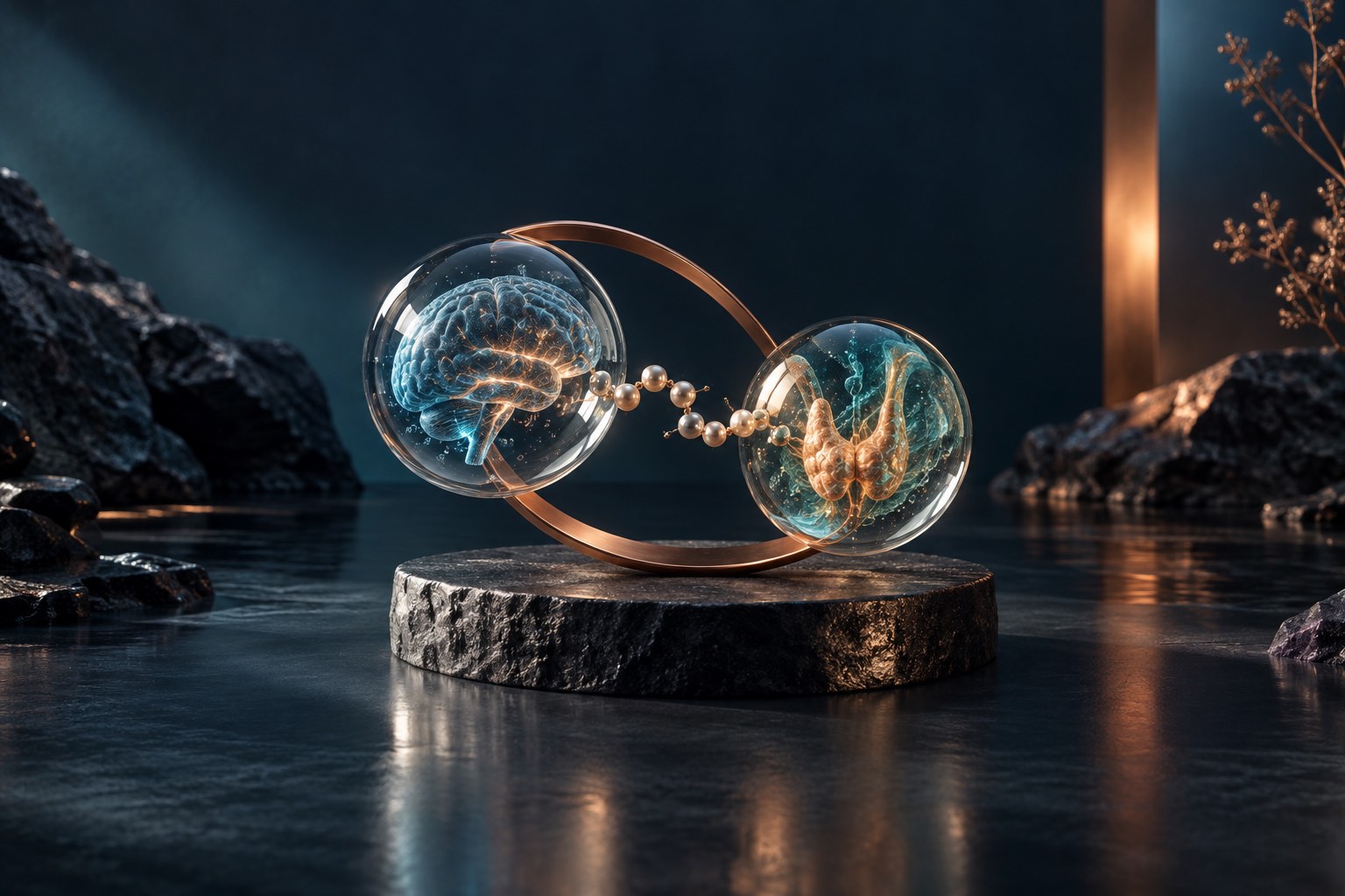 Glass spheres and a peptide chain representing kisspeptin neuroendocrine research