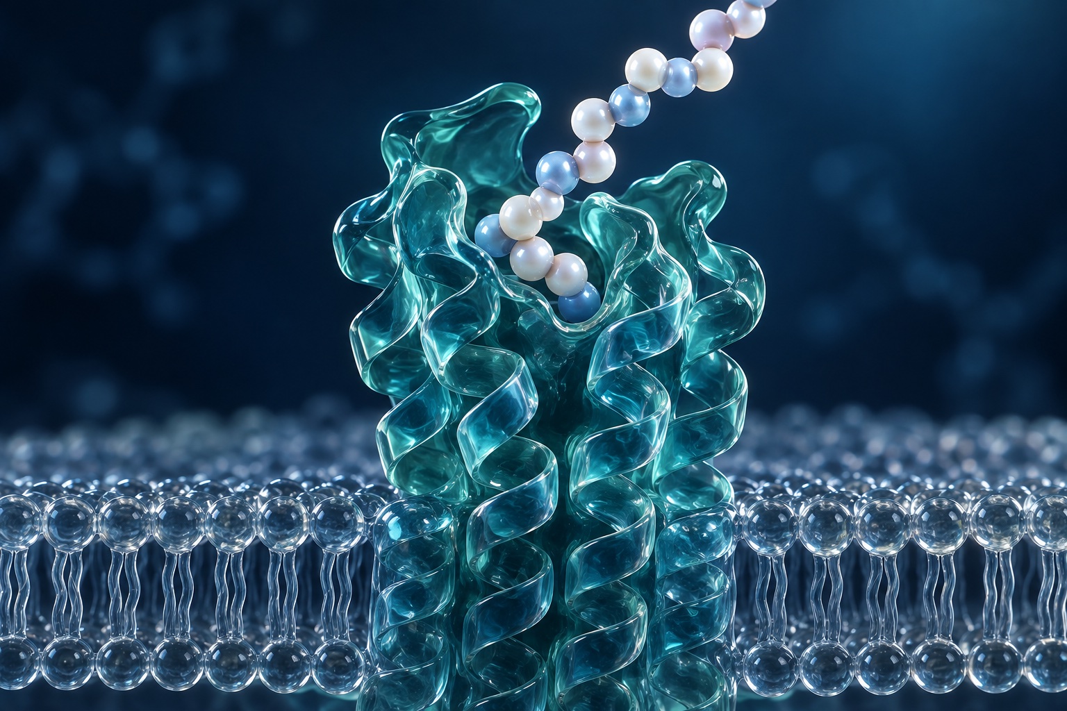Teal glass receptor and pearl peptide chain on a translucent membrane