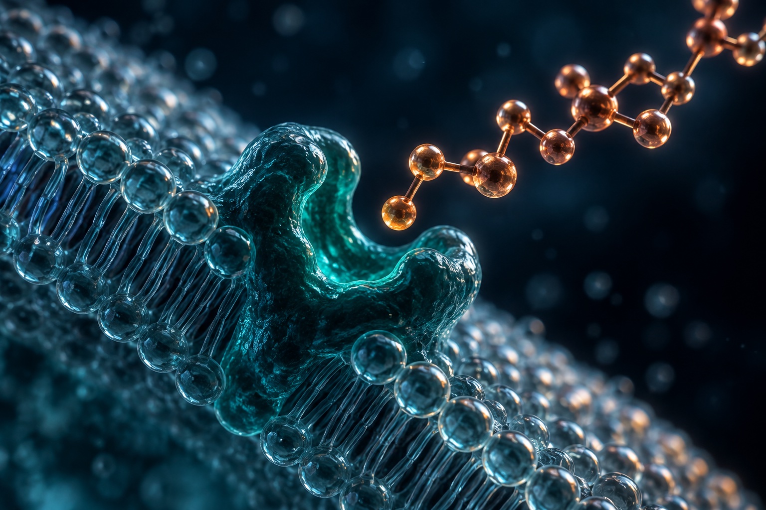 Glass cell membrane and teal receptor sculpture with a copper molecular chain