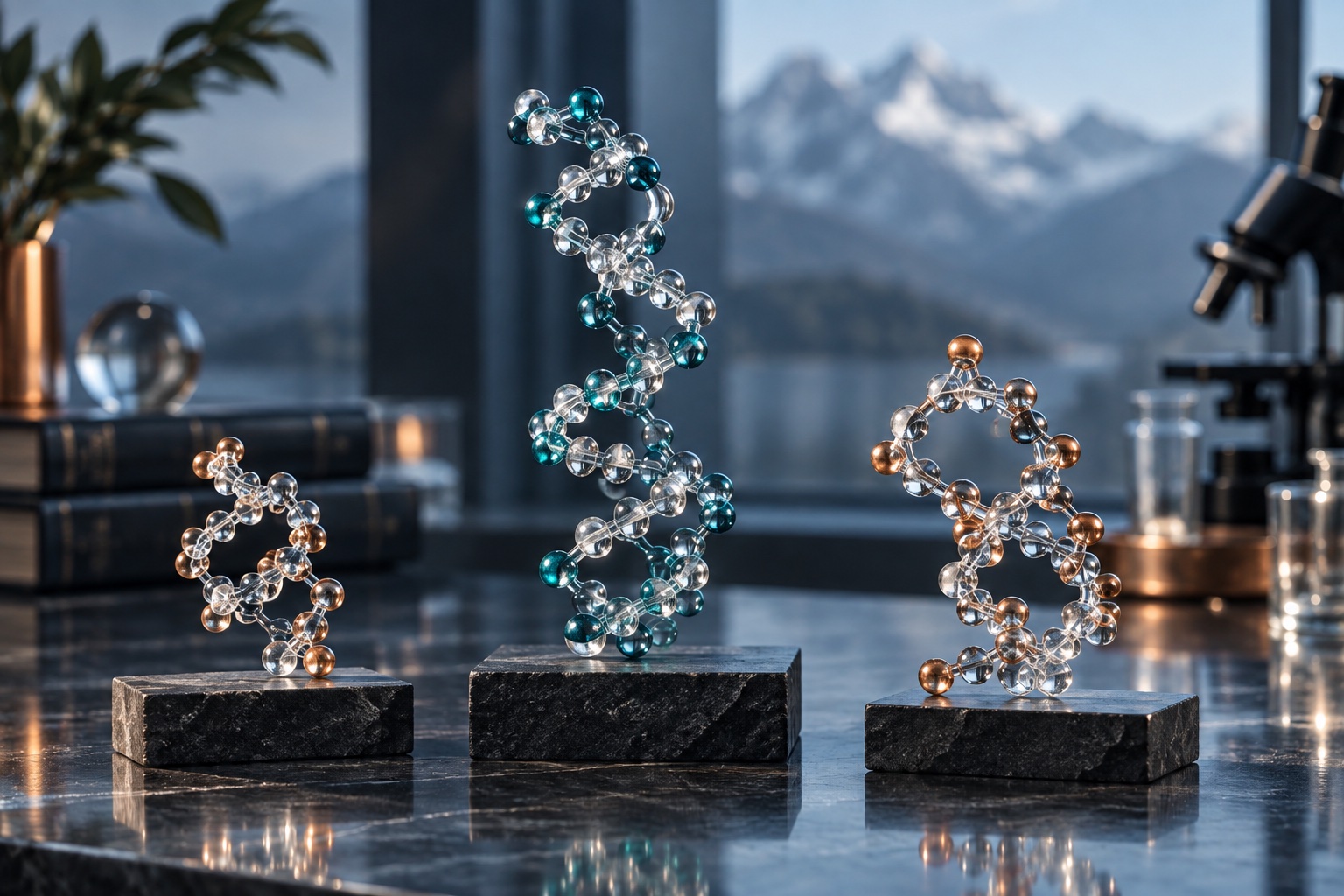 Three glass peptide-chain sculptures with teal and copper accents on slate stands