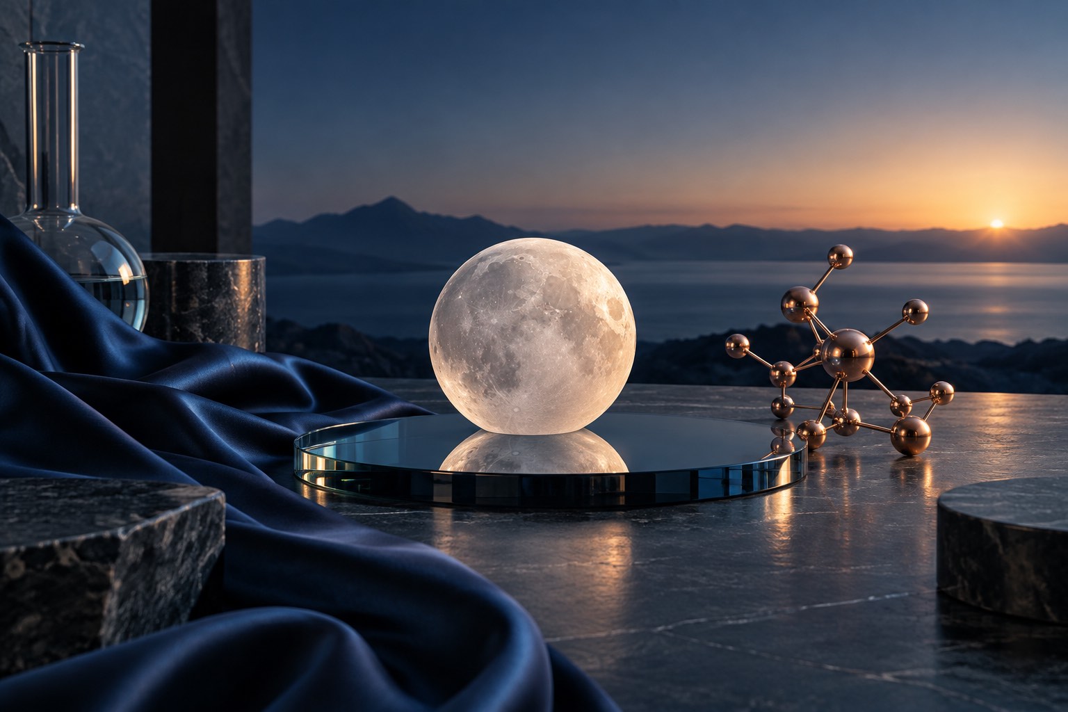 Pearl lunar sphere with copper molecular sculpture and navy silk