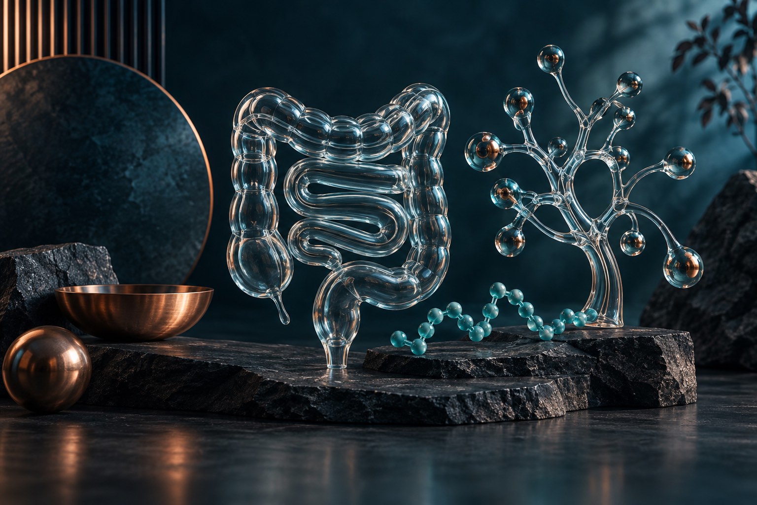 Glass intestinal coil and branching vessel sculpture with teal peptide strand