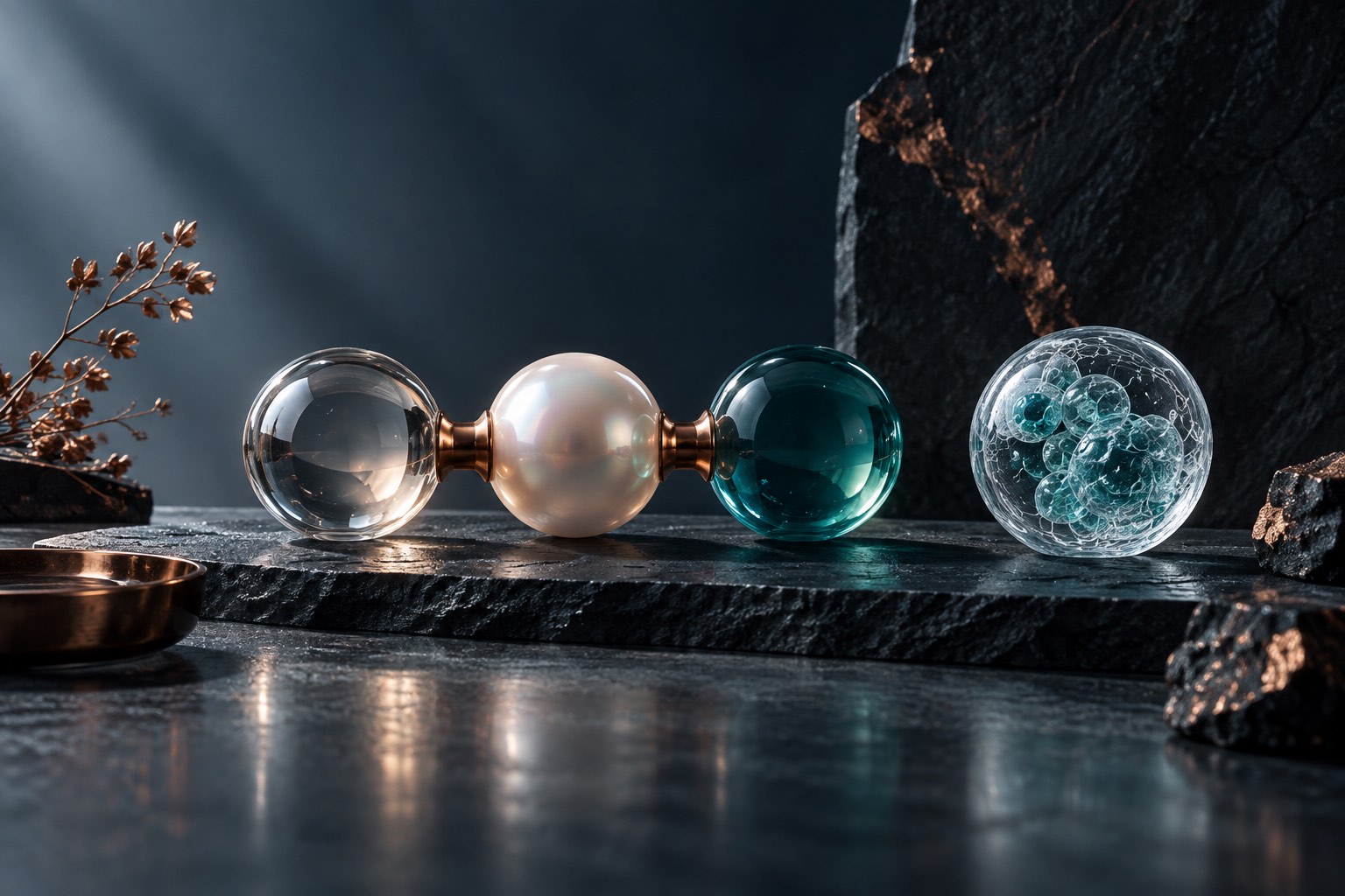 Three connected glass spheres beside a translucent cell sculpture