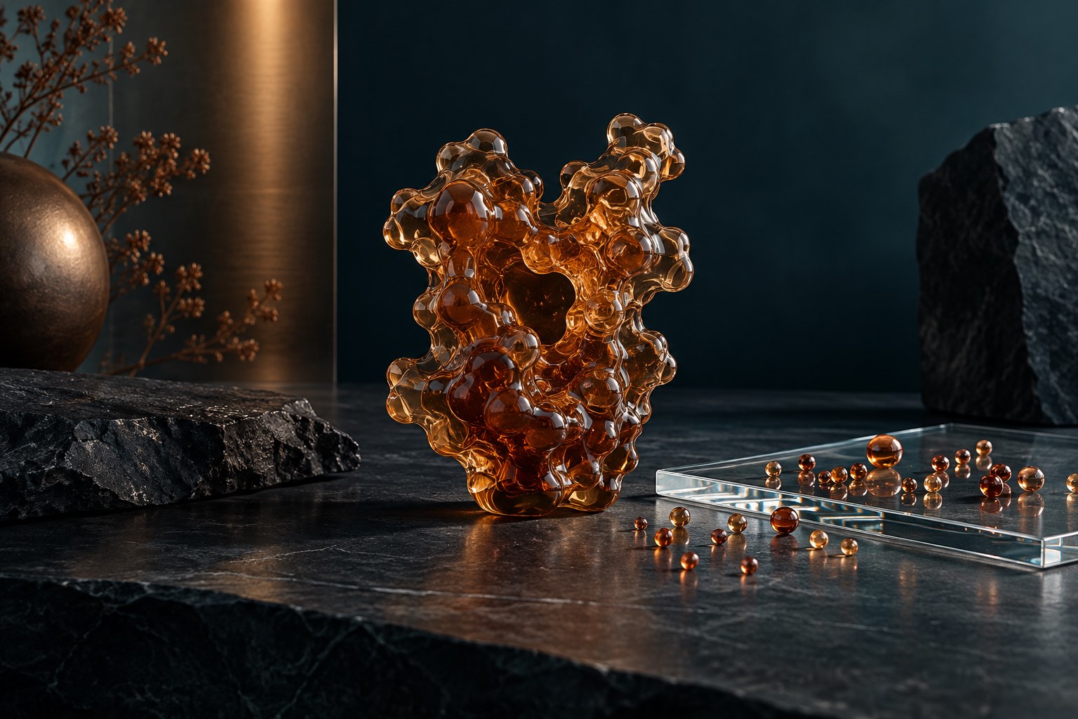 Amber receptor sculpture and pigment-like beads representing melanocortin research