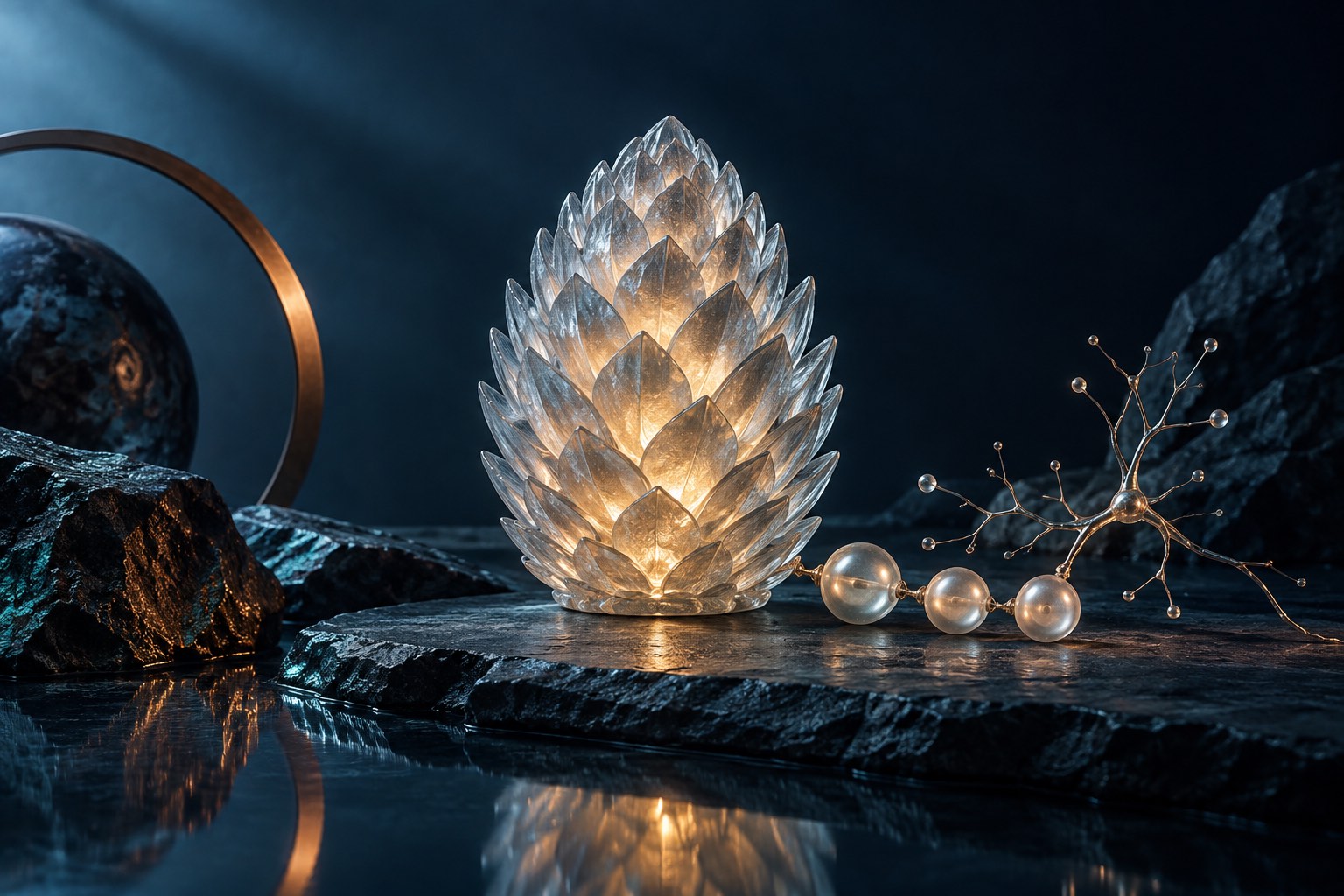 Frosted pinecone-shaped glass sculpture with short peptide chain