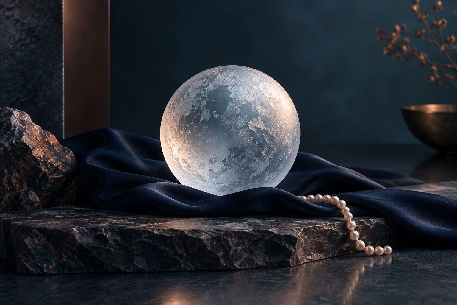 Moonlike glass sphere and peptide chain representing DSIP research