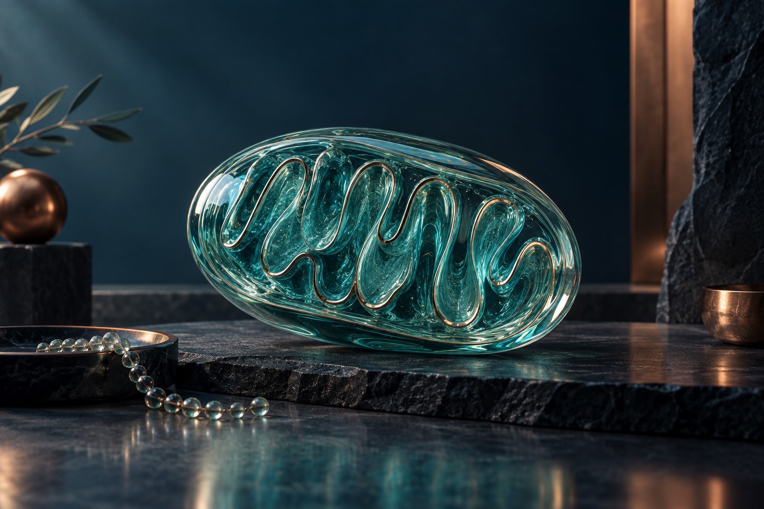 Glass mitochondrial sculpture and peptide chain representing MOTS-c research