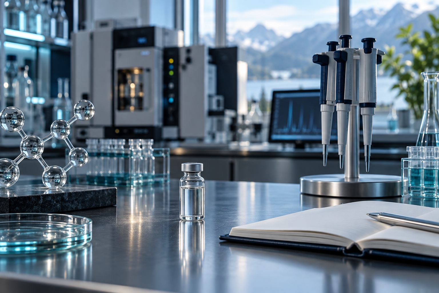 Research vial, precision pipette, notebook and glass molecular model on a modern laboratory bench